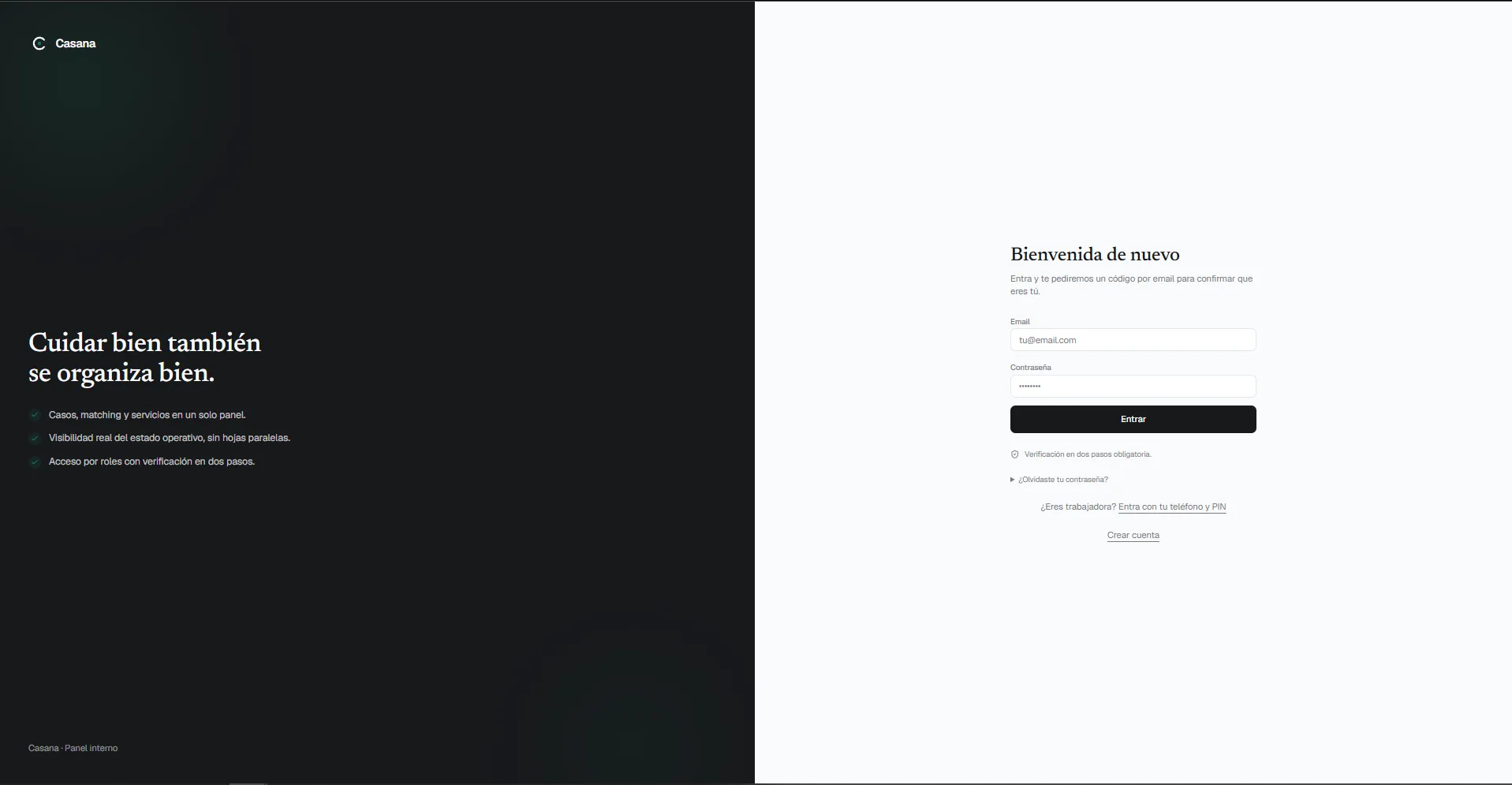 Pantalla de acceso de Casana