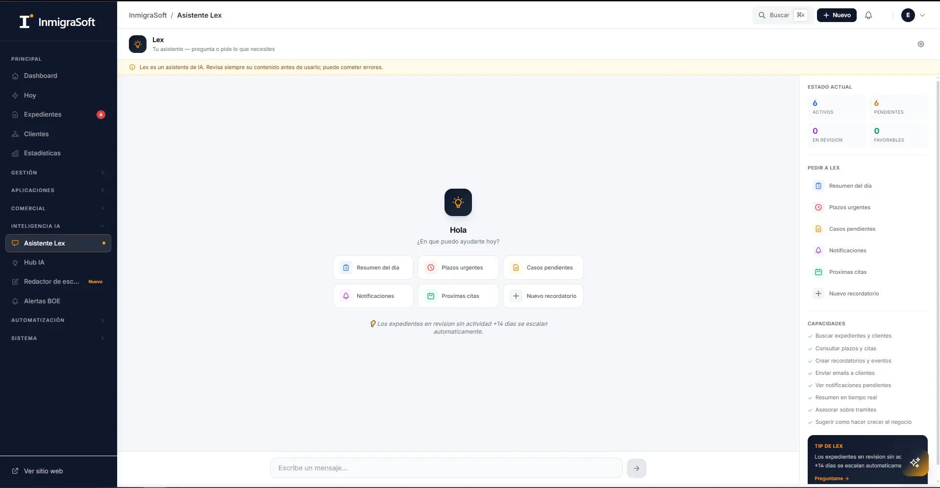 Panel de gestión de InmigraSoft