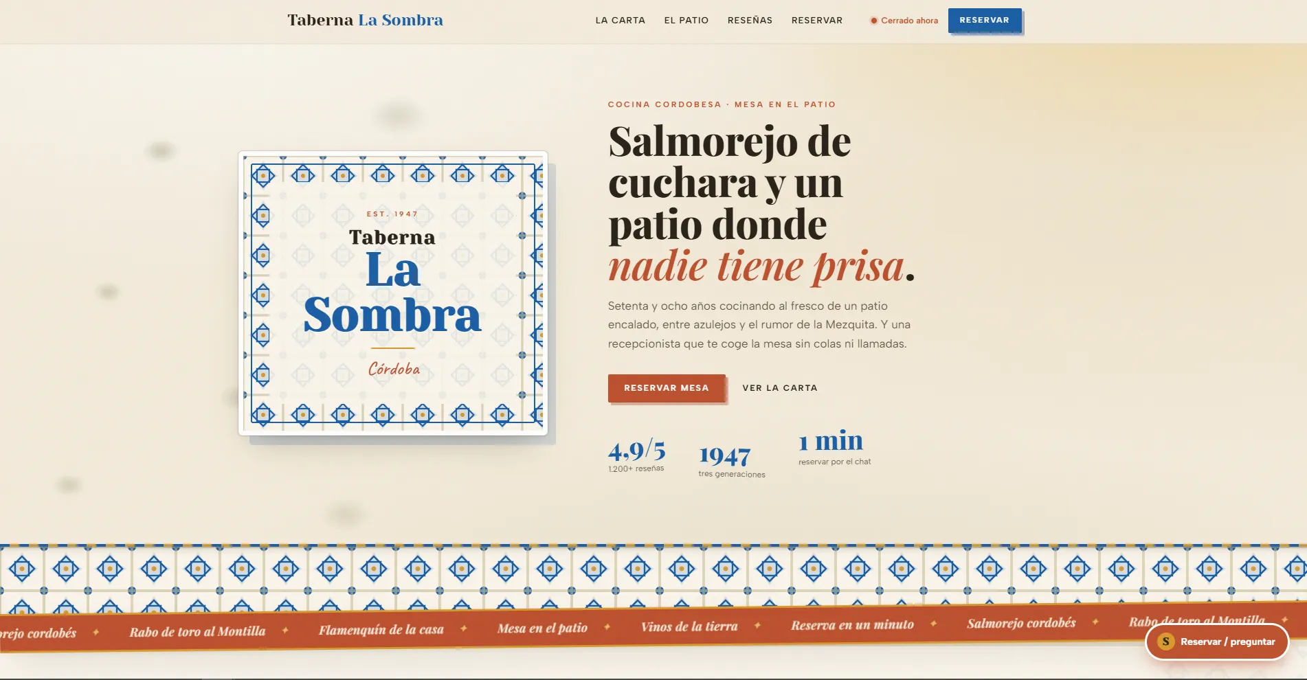 Portada de la web demo Taberna La Sombra: carta, reservas y patio